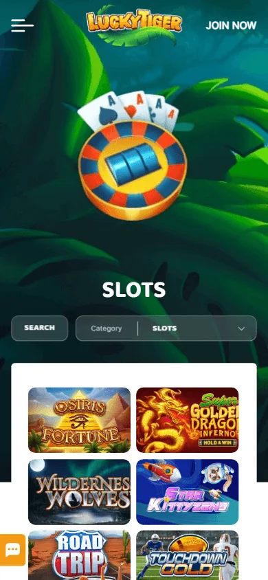 Lucky Tiger Casino mobile games area with mobile-optimised titles