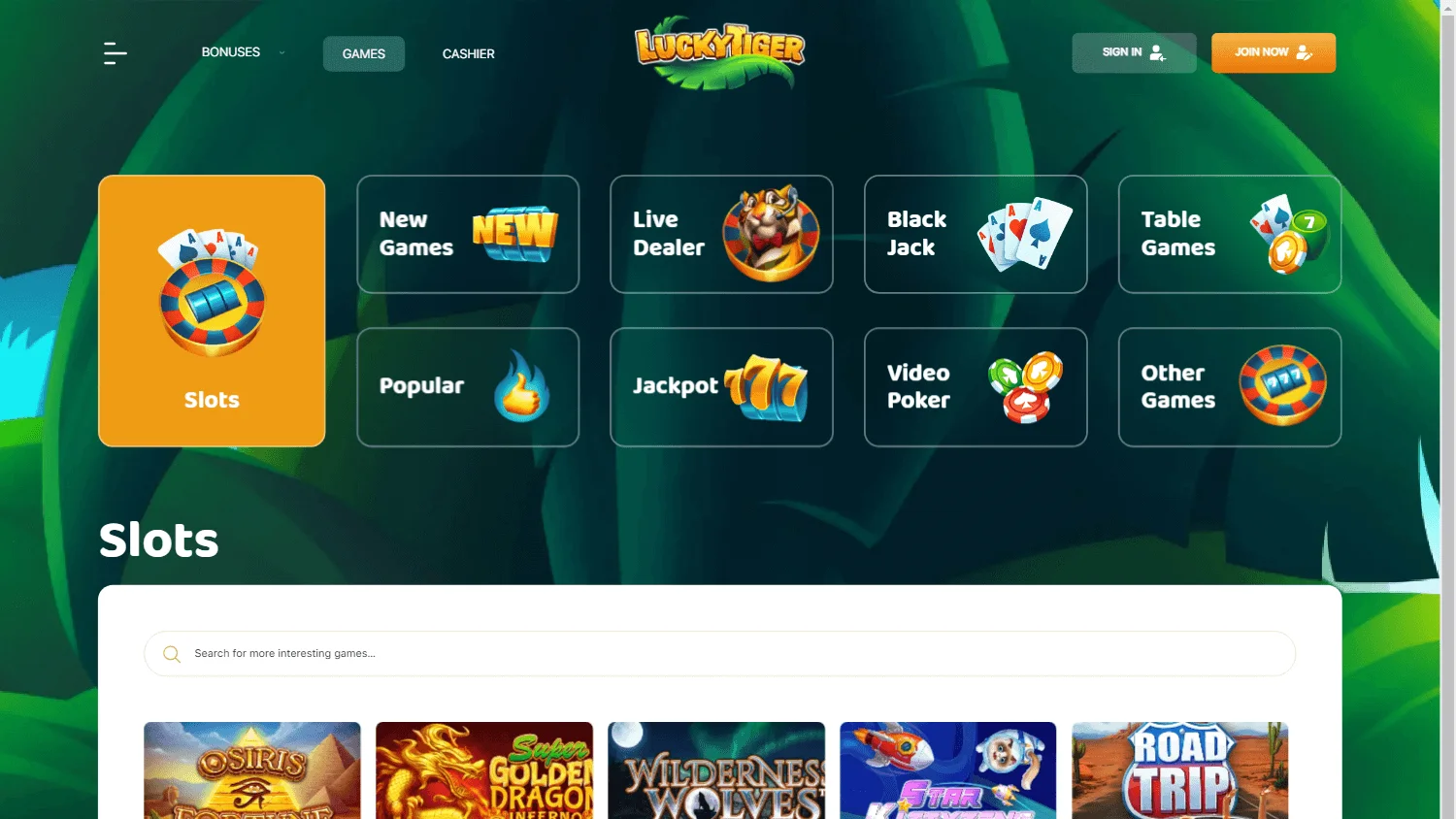 Lucky Tiger Casino desktop games area with casino titles