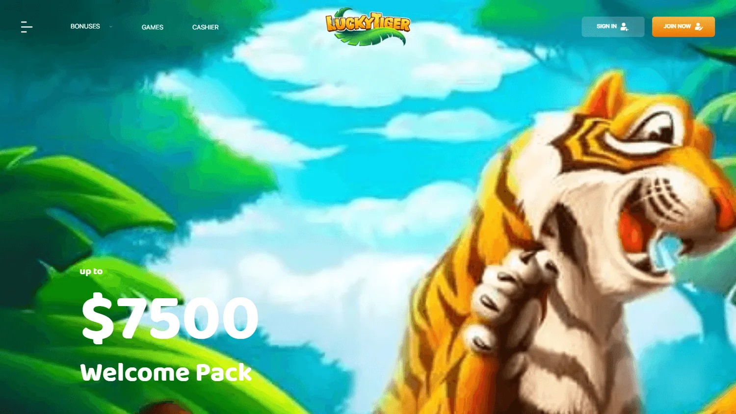 Lucky Tiger Casino desktop home screen with the welcome pack offer